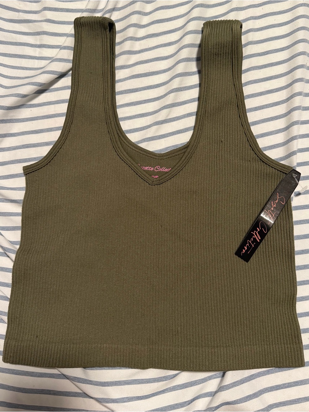Ribbed Olive V-Neck Crop Tank Top by Charlotte Colle